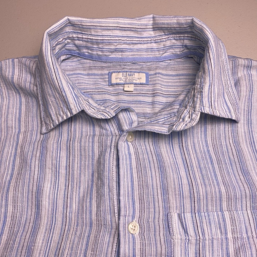 Y2K Old Navy Shirt L Mens Linen Blend Blue Stripes **FLAWS**